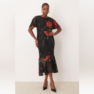 ASOS Curve Black and Red Floral Midi Dress
